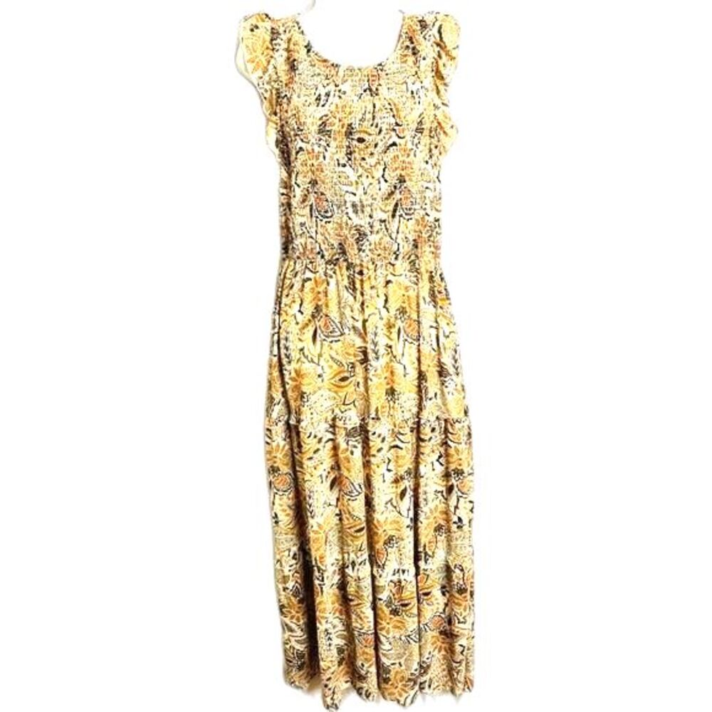 MELLODAY Tiered Smocked Bodice Boho Garden Party Ruffles Sleeveless Maxi Dress M
